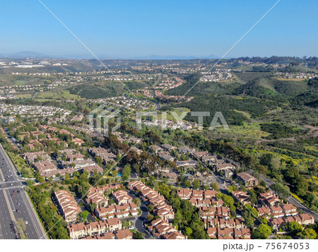 Aerial view of upper middle class neighborhood with big villas around in San Diego 75674053
