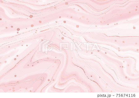 Abstract dusty pink liquid marble background with glitter pink foil textured stripes. Pastel marbled alcohol ink drawing effect. Vector illustration of pattern design with rose gold splatter 75674116