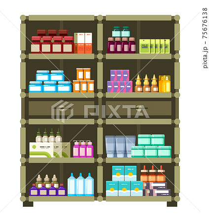 Pharmacy shelves with medical box and bottles for drugs flat concept Pharmacy shelves with medical box and bottles for drugs flat concept 75676138