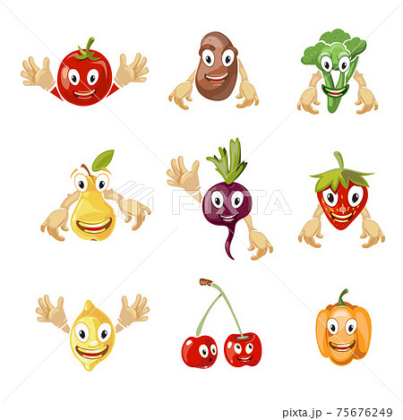 Cute cartoon vegetables and fruit collection in comic style 75676249