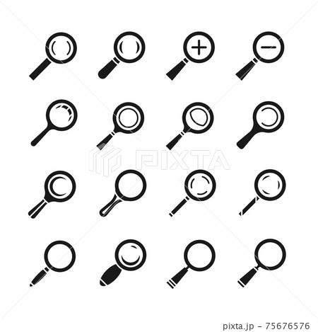 Magnifying glass, magnifier, zoom, search find loupe icons set Magnifying glass, magnifier, zoom, search find loupe icons set 75676576