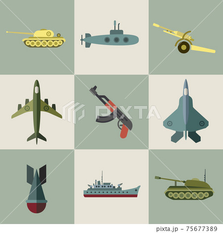 Military equipment and weaponry flat icons 75677389