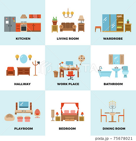 Living room, bedroom, kitchen, kids, bathroom, dining, work space, hallway flat icons. Interior design room types 75678021