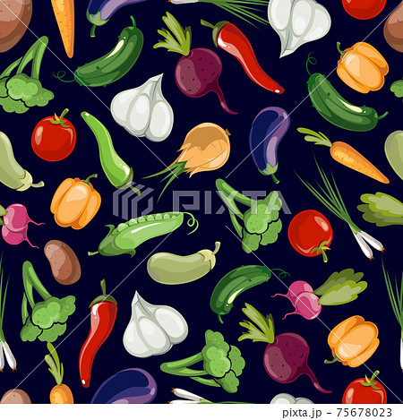 Assorted vegetables seamless pattern on black background 75678023