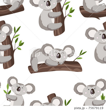 Seamless pattern with cute koala baby on white background. Funny australian animals. Card, postcards for kids. Flat vector illustration for fabric, textile, wallpaper, poster, gift wrapping paper. Seamless pattern with cute koala baby on white background. Funny australian animals. Card, postcards for kids. Flat vector illustration for fabric, textile, wallpaper, poster, gift wrapping paper. 75679119