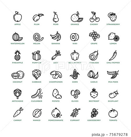 Fruit and vegetables outline icons 75679278
