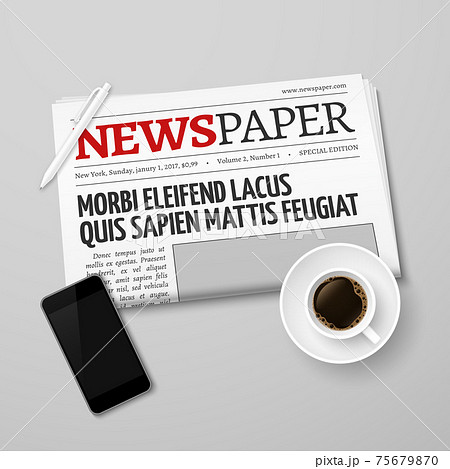 News concept with newspaper, pan, coffee cup and smartphone 75679870