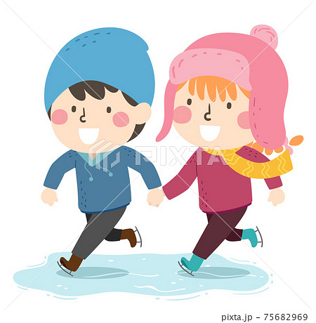 Kids Boy Girl Ice Skating Hold Hands Illustration 75682969