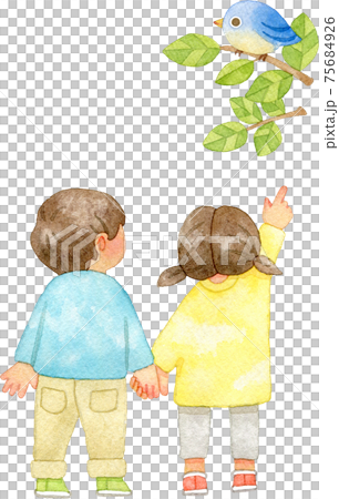 青い鳥を指さす子供たちの水彩イラスト 75684926
