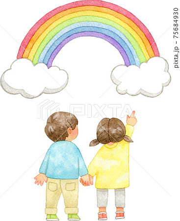 虹を指さす子供たちのイラスト素材