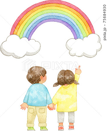 Children Pointing To The Rainbow Stock Illustration