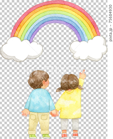 Watercolor illustration of kids pointing at a rainbow 75684930