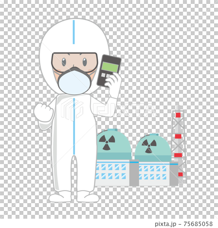 Nuclear power plant worker wearing protective clothing with a dosimeter 75685058