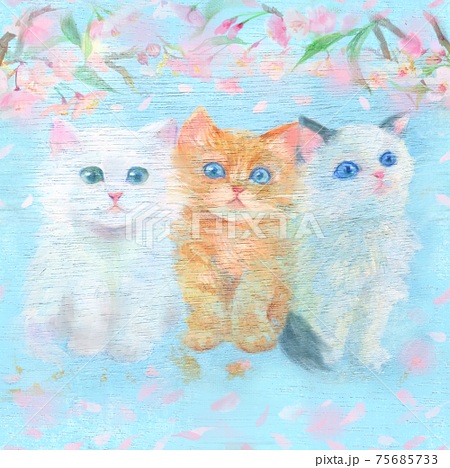 桜吹雪と桜の花びらがひらひら舞う木下でお花見をする三匹のかわいい子猫たちのパターンイラストのイラスト素材