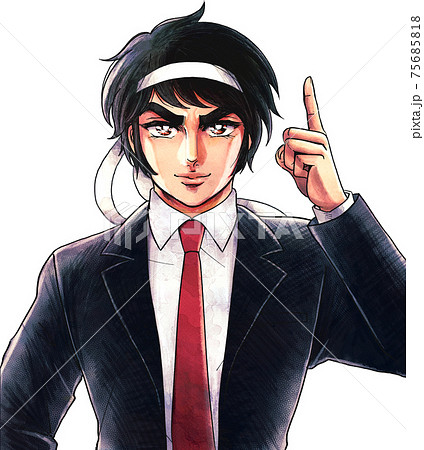 昔の漫画風・鉢巻きをしたサラリーマン・指差し 昔の漫画風・鉢巻きをしたサラリーマン・指差し 75685818
