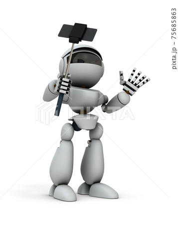 スマホで自撮りするロボット。白バック。3Dレンダリング。 75685863