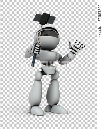 スマホで自撮りするロボット。白バック。3Dレンダリング。 75685863