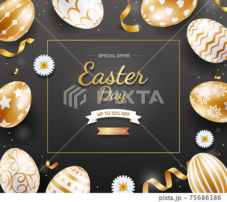 Easter day banners template easter eggs gold color with ribbon and daisies flower on black color background. Vector illustrations. 75686386
