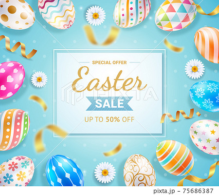 Easter day banners template easter eggs with ribbon and daisies flower on blue color background. Vector illustrations. Easter day banners template easter eggs with ribbon and daisies flower on blue color background. Vector illustrations. 75686387