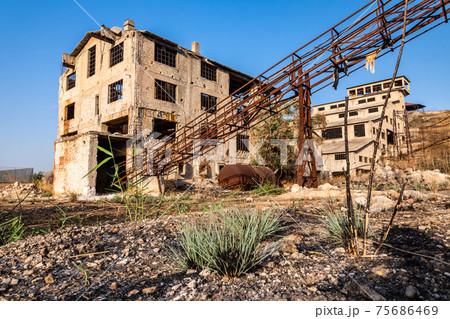 Abandoned sulphur mining complex Trabia Tallarita in Riesi, Sicily, Italy 75686469