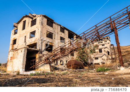 Abandoned sulphur mining complex Trabia Tallarita in Riesi, Sicily, Italy 75686470