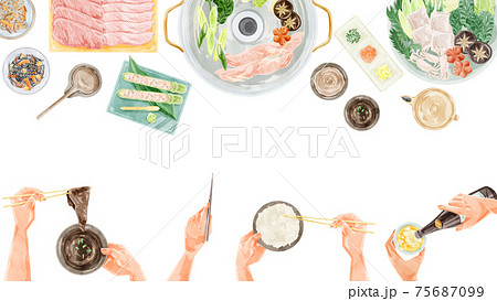 しゃぶしゃぶパーティー食事風景水彩手書きイラストのイラスト素材