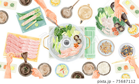 しゃぶしゃぶパーティー食事風景水彩手書きイラスト しゃぶしゃぶパーティー食事風景水彩手書きイラスト 75687112
