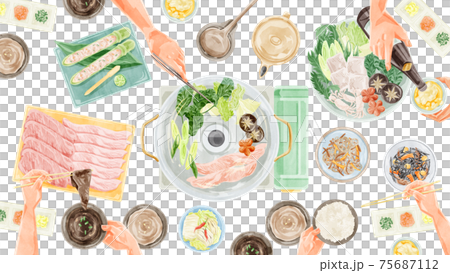 Shabu-shabu party meal scenery watercolor handwritten illustration Shabu-shabu party meal scenery watercolor handwritten illustration 75687112