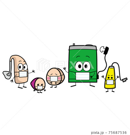 様々な種類の補聴器キャラクターのマスク姿のイラスト 様々な種類の補聴器キャラクターのマスク姿のイラスト 75687536