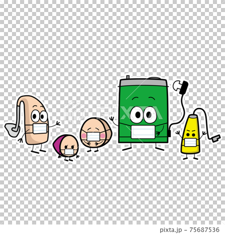 様々な種類の補聴器キャラクターのマスク姿のイラスト 様々な種類の補聴器キャラクターのマスク姿のイラスト 75687536