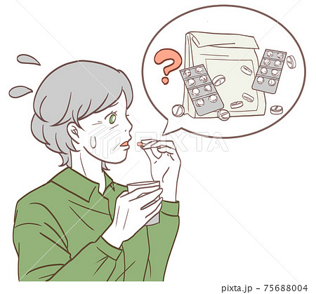 薬を飲み間違う女性の高齢者（シンプルカラー） 75688004