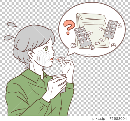 薬を飲み間違う女性の高齢者（シンプルカラー） 75688004