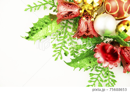 Red Christmas and New Year Decoration isolated on white background. Border art design with holiday baubles. Space for your text Red Christmas and New Year Decoration isolated on white background. Border art design with holiday baubles. Space for your text 75688653