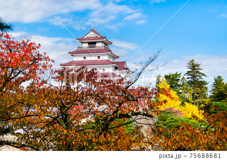 福島県会津若松市　鶴ヶ城天守と紅葉 75688681