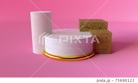 Pink stage with geometric podium and elements, computer generated. 3d rendering of studio background 75690122