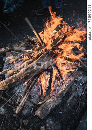 Fireplace in nature with wood and embers ready for grilling Fireplace in nature with wood and embers ready for grilling 75690211
