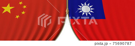 Flags of China and Taiwan and closing or opening zipper between them. Political negotiations or interaction conceptual 3D rendering Flags of China and Taiwan and closing or opening zipper between them. Political negotiations or interaction conceptual 3D rendering 75690787
