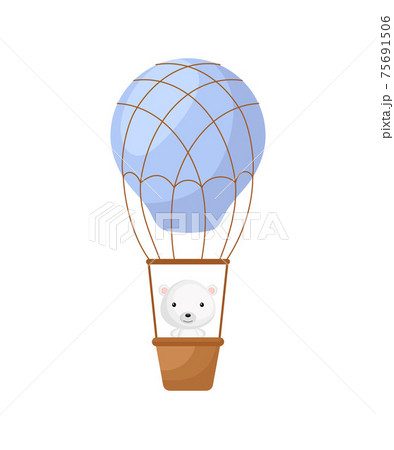Cute little polar bear fly on blue hot air balloon. Cartoon character for childrens book, album, baby shower, greeting card, party invitation, house interior. Vector stock illustration. 75691506
