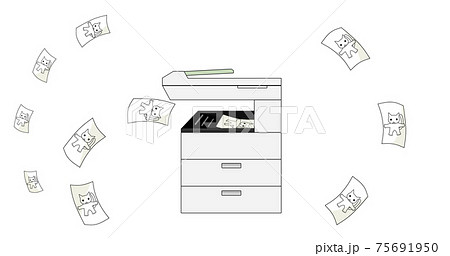 コピー機と白猫の絵がコピーされた紙のイラスト素材