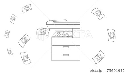 コピー機とトラ猫の絵がコピーされた紙 線画 のイラスト素材