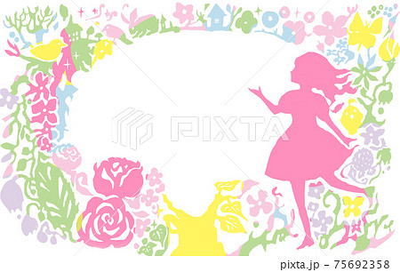 花と女の子がいるパステル調の切り絵風のフレームイラストのイラスト素材
