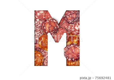 Sausage alphabet isolated on white background. Latin Food alphabet. Sausage letter M 75692481