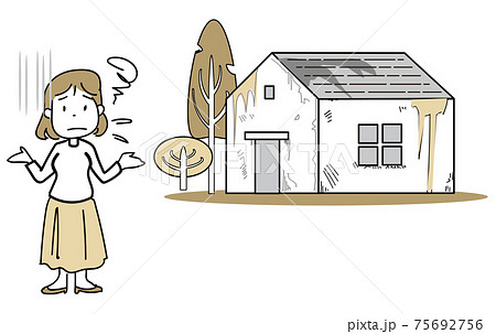 家のイラストシンプルライン 荒れ果てた家のイラスト素材