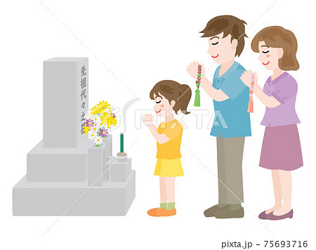 お墓参りをする3人家族 75693716