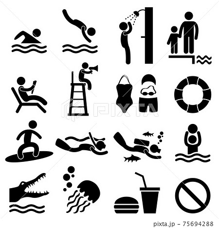 Man Swimming Pool Sea Beach Sign Symbol Pictogram Icon. A set of swimming pool and beach pictogram/symbol/sign. 75694288