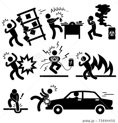 Car Accident Explosion Electrocuted Fire Danger Icon Symbol Sign Pictogram. A set of pictogram representing danger, risk, and accident. 75694450