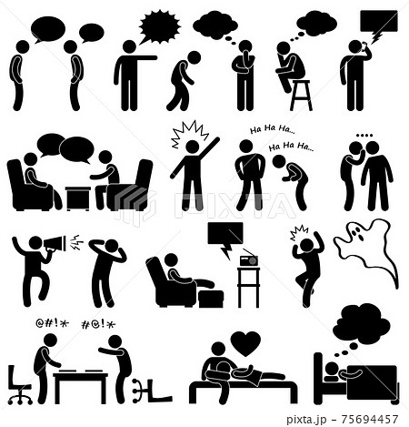 Man Talking Thinking Conversation Thought Laughing Joking Whispering Screaming Chatting Icon Symbol Sign Pictogram. A set of pictogram representing conversation, reaction, and thoughts. Man Talking Thinking Conversation Thought Laughing Joking Whispering Screaming Chatting Icon Symbol Sign Pictogram. A set of pictogram representing conversation, reaction, and thoughts. 75694457