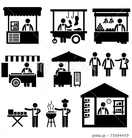 Business Stall Store Booth Market Marketplace Shop Icon Symbol Sign Pictogram. A set of pictogram representing marketplace, ships, and store. 75694459