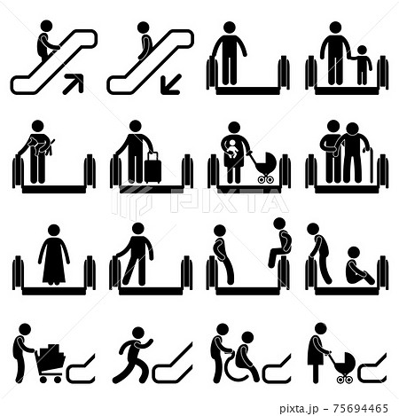 Escalator Caution Sign. A set of pictogram showing a set of artwork related escalator warning and advice. 75694465