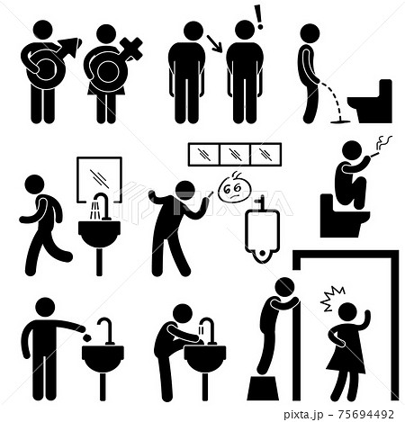 Funny Public Toilet Concept Icon Symbol Sign Pictogram. A set of pictogram representing funny toilet icon and pictogram. 75694492